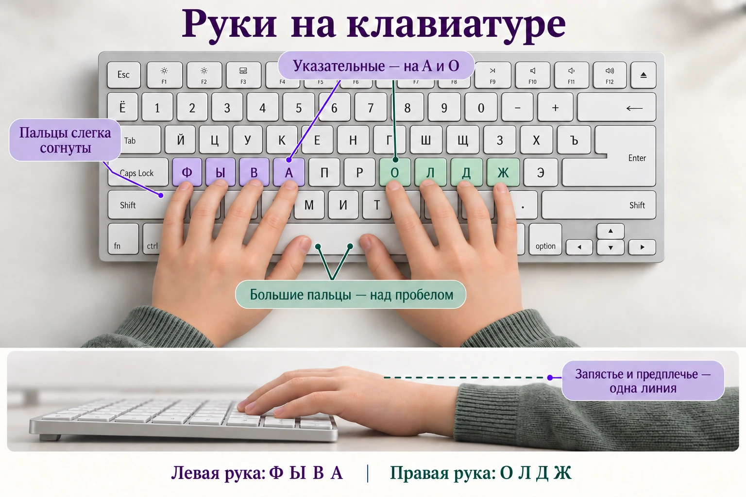Домашний ряд русской клавиатуры: мизинец, безымянный, средний и указательный пальцы левой руки на Ф, Ы, В, А; указательный, средний, безымянный и мизинец правой — на О, Л, Д, Ж. Большие пальцы над пробелом.